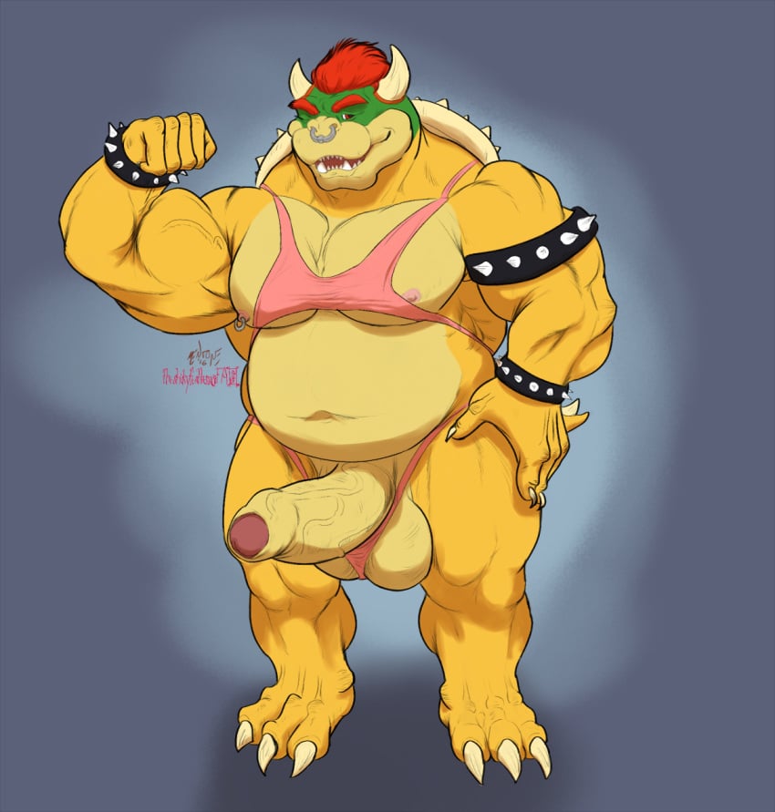 1boy animal_genitalia anthro balls bowser clothing erection foreskin full_body male male_only mario_(series) mentone nintendo nipples penis simple_background solo standing stickyfeathers testicles uncut vein veiny_penis