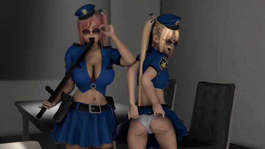 2girls 3d ass aviator_sunglasses belly beltskirt blue_skirt cleavage dead_or_alive honoka_(doa) interrogation_room looking_at_viewer looking_back looking_over_eyewear looking_over_glasses looking_over_sunglasses marie_rose open_mouth police_uniform policewoman rated_l source_filmmaker sunglasses tinted_eyewear upskirt white_panties