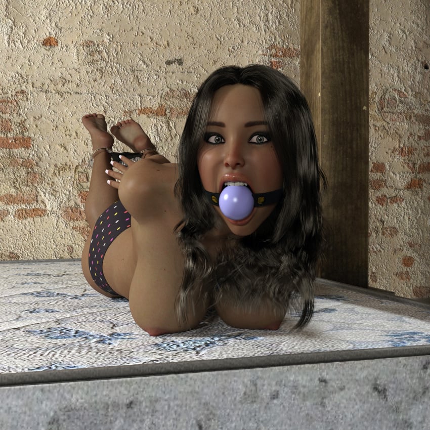 3d 3d_(artwork) ankle_cuffs artist_request ass ball_gag barefoot basement black_hair bondage breasts dark-skinned_female feet handcuffs hogtied kidnapped kidnapping long_hair looking_at_captor looking_at_viewer naked nipples oc on_mattress original_character panties soles tagme thick_thighs toes