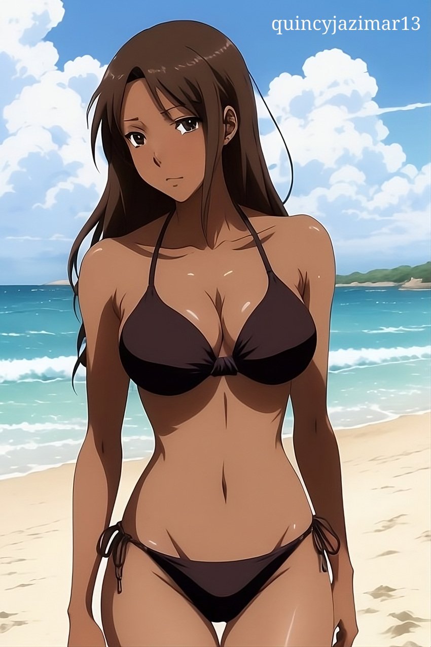 1girls ai_generated beach black_bikini dark-skinned_female large_breasts tagme