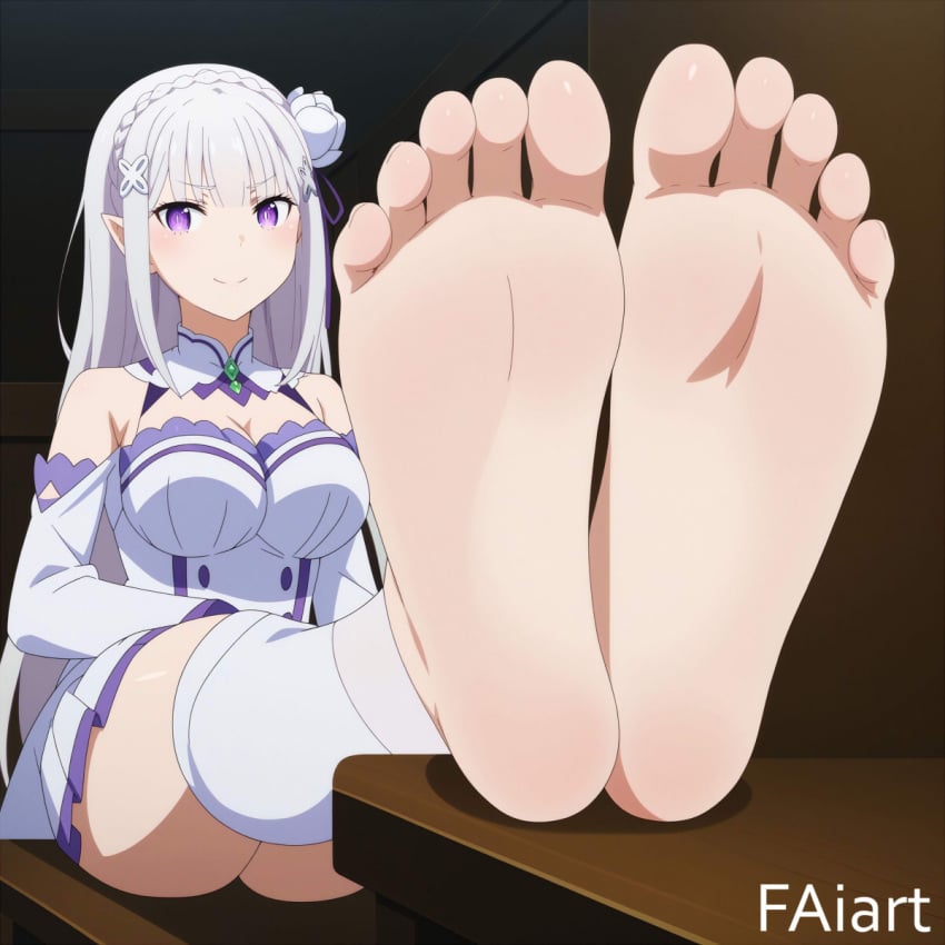 1girls ai_generated elf elf_ears elf_female emilia_(re:zero) faiart feet foot_fetish foot_focus looking_at_viewer purple_eyes re:zero_kara_hajimeru_isekai_seikatsu silver_hair sitting solo thighs