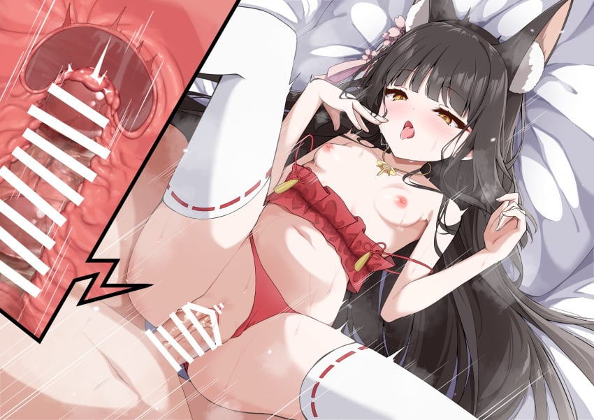 1boy :o :p absurdres animal_ears azur_lane bar_censor blush bra bra_pull breasts brown_hair censored clothed_female_nude_male clothed_sex clothes_pull clothing_aside cross_section deep_penetration eyeshadow female fingers_to_mouth fox_ears fox_girl fox_mask half-closed_eyes hands_up happy_sex highres large_penis leg_up long_hair lying madotsukumo makeup mask mask_on_head missionary motion_lines nagato_(azur_lane) nagato_(great_fox's_respite)_(azur_lane) navel nipples nude on_back on_bed panties panties_aside penis petite pussy red_bra red_eyeshadow red_panties red_ribbon ribbon ribbon-trimmed_thighhighs ribbon_trim small_breasts solo_focus spread_legs straight thighhighs tongue tongue_out underwear vaginal_penetration very_long_hair yellow_eyes