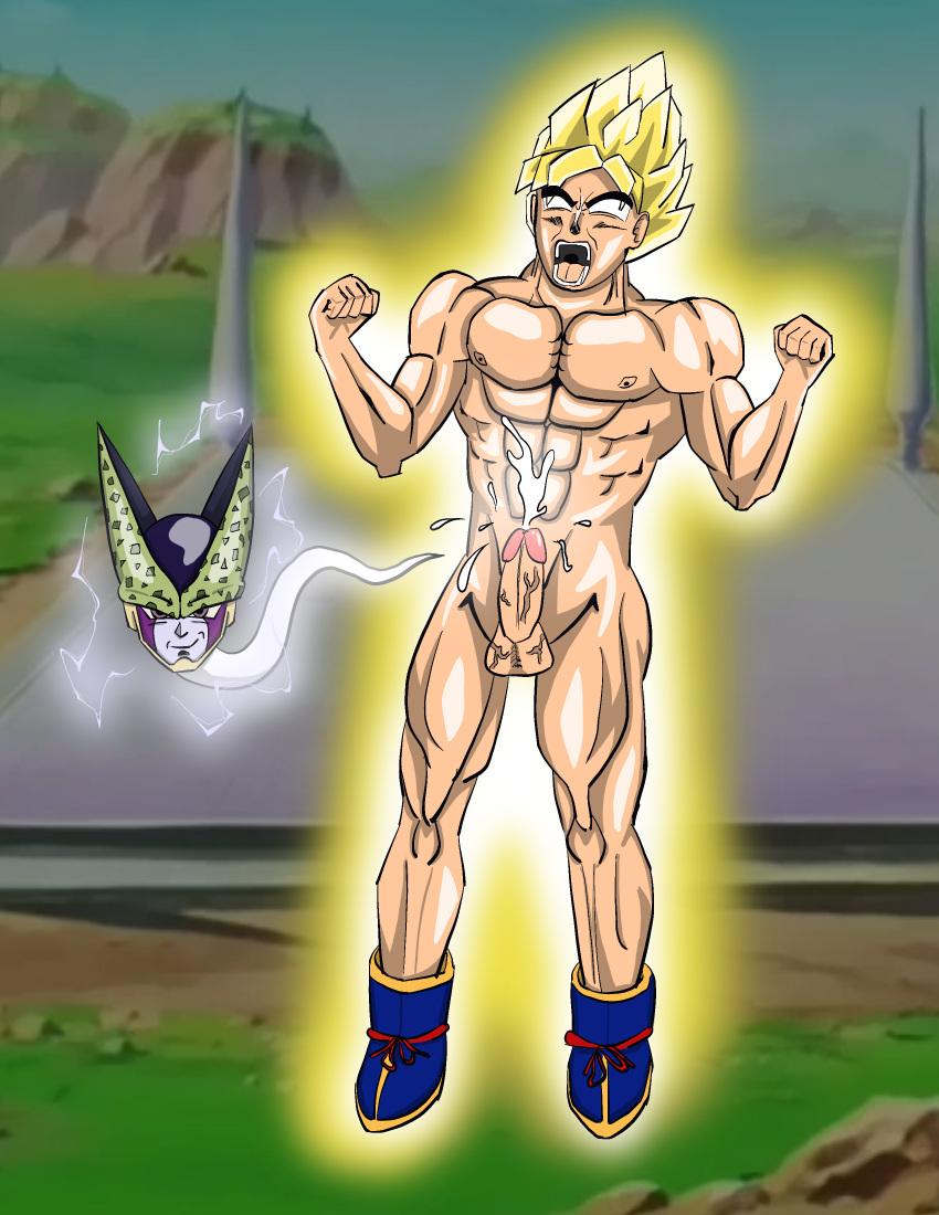 bodily_fluids cumming erect_penis goku penis perfect_cell son_goku super_saiyan