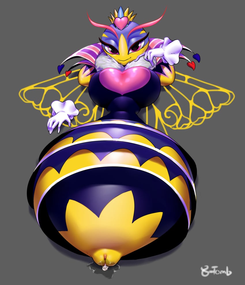 2016 abdomen anthro arthropod bee big_breasts breasts clothing crown cum cum_in_pussy cum_inside digital_media_(artwork) digital_painting_(artwork) female gloves grey_background heart hi_res insect_abdomen_pussy insect_wings insects kirby_(series) kirby_triple_deluxe ltomb nintendo non-mammal_breasts pink_eyes pussy pussy_juice queen_sectonia simple_background smile solo video_games wings