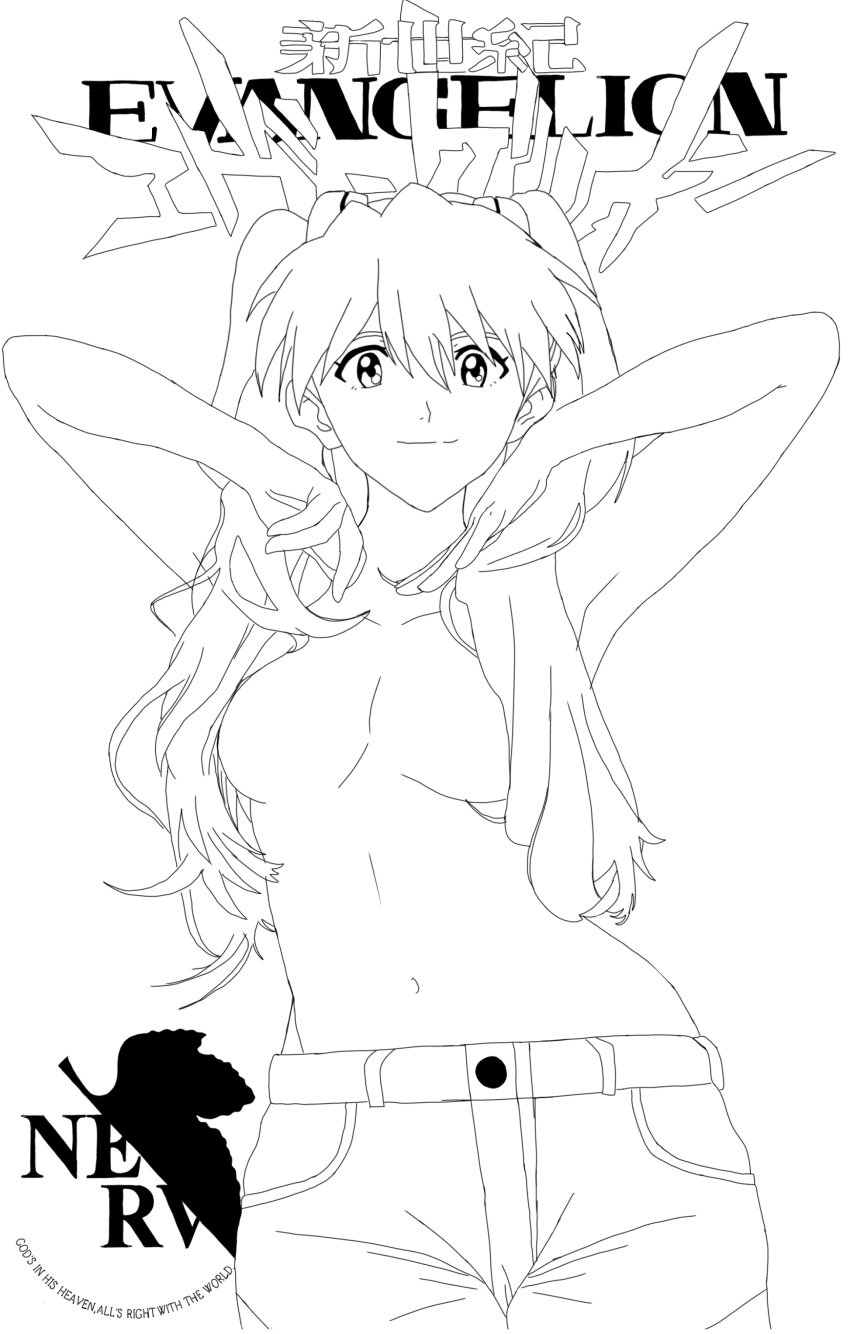 1girls armpits arms_up asuka_langley_sohryu big_breasts breasts busty convenient_censoring female female_only hair_censor hi_res large_breasts long_hair looking_at_viewer monochrome navel neon_genesis_evangelion sensual shorts sketch smile solo topless twintails voluptuous