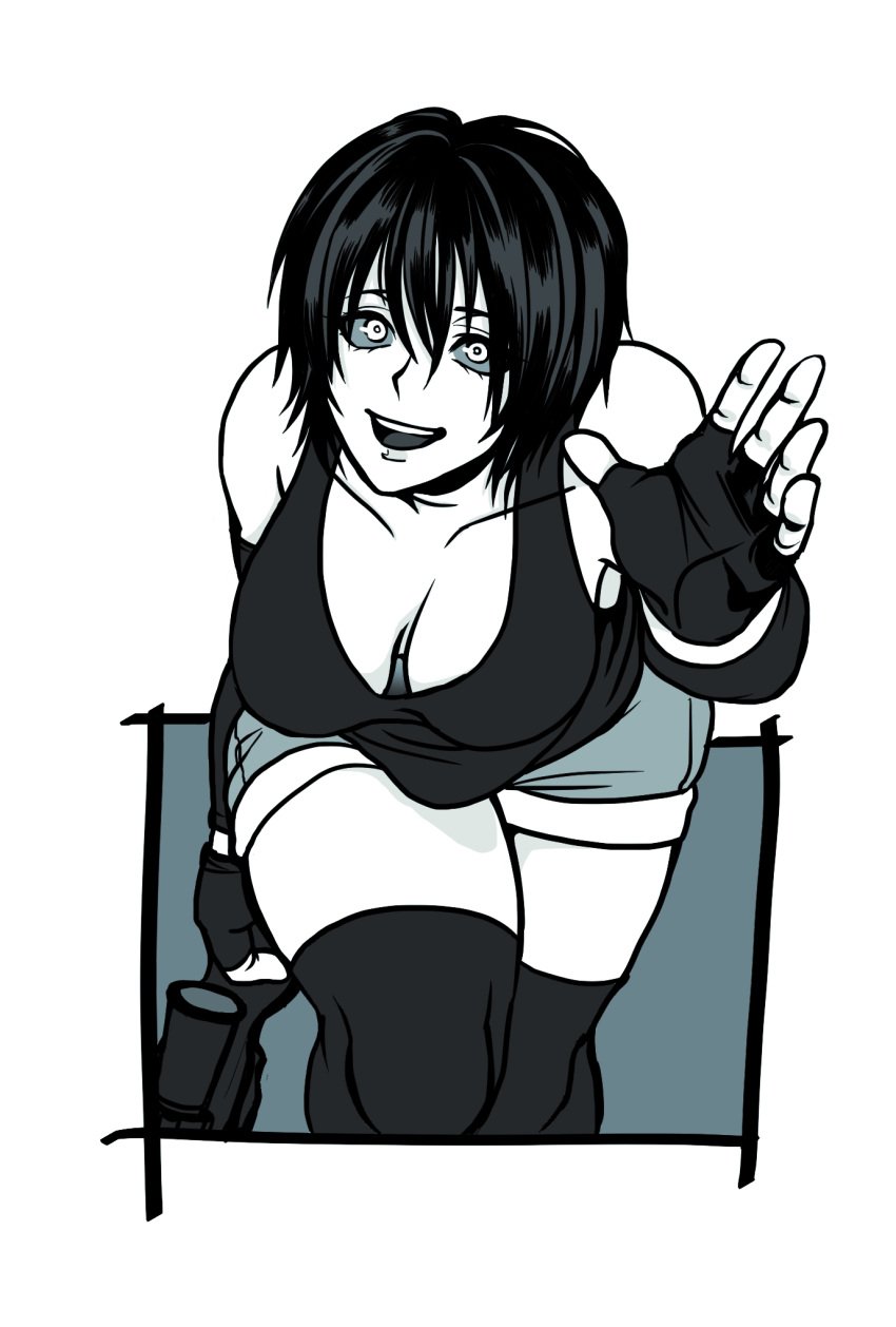 big_breasts cleavage dark_sclera female female_only fingerless_gloves gloves gun hanging_breasts kengan_(series) kengan_ashura kure_fusui leaning_forward looking_at_viewer monochrome short_hair shorts smile solo tank_top_lift thick_thighs thighhighs wbcat01