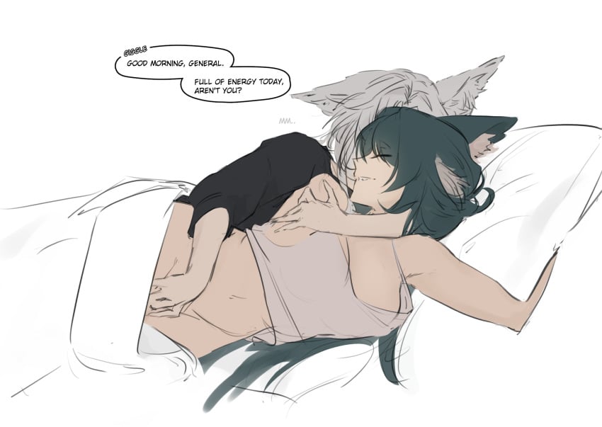 2girls animal_ear_fluff animal_ears black_shirt bottomless breasts brenn_(idwytl) closed_eyes commentary english_commentary english_text feixiao_(honkai:_star_rail) fingering fox_ears green_hair grey_hair grey_tank_top hand_on_another's_shoulder highres honkai:_star_rail honkai_(series) large_breasts long_hair long_sleeves multiple_girls on_bed parted_lips pillow reach-around shirt simple_background smile speech_bubble tank_top white_background yukong_(honkai:_star_rail) yuri