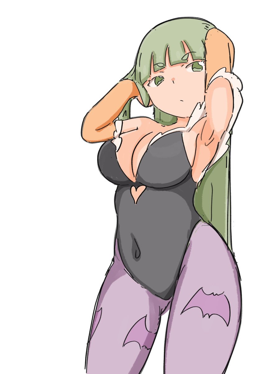 1girls armpits arms_behind_head big_breasts breasts busty capcom cleavage covered_navel darkstalkers demon_girl female female_only green_eyes green_hair half-closed_eyes highres large_breasts legs leotard morrigan_aensland pose posing seductive seductive_look sensual solo succubus thighs vatsha voluptuous