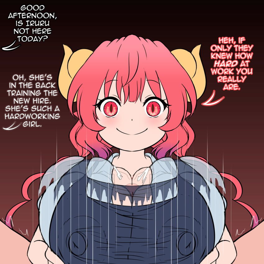 1boy 1girls breast_focus breasts creepy_smile dragon_girl english_text huge_breasts ilulu ilulu_(dragon_maid) ilulu_(maidragon) kobayashi-san_chi_no_maidragon light-skinned_female light-skinned_male light_skin looking_at_viewer male_pov miss_kobayashi's_dragon_maid nipples_visible_through_clothing paizuri penis pov ryusuke_kh_(ryusuke_kyte_hagane) tagme talking_to_viewer text