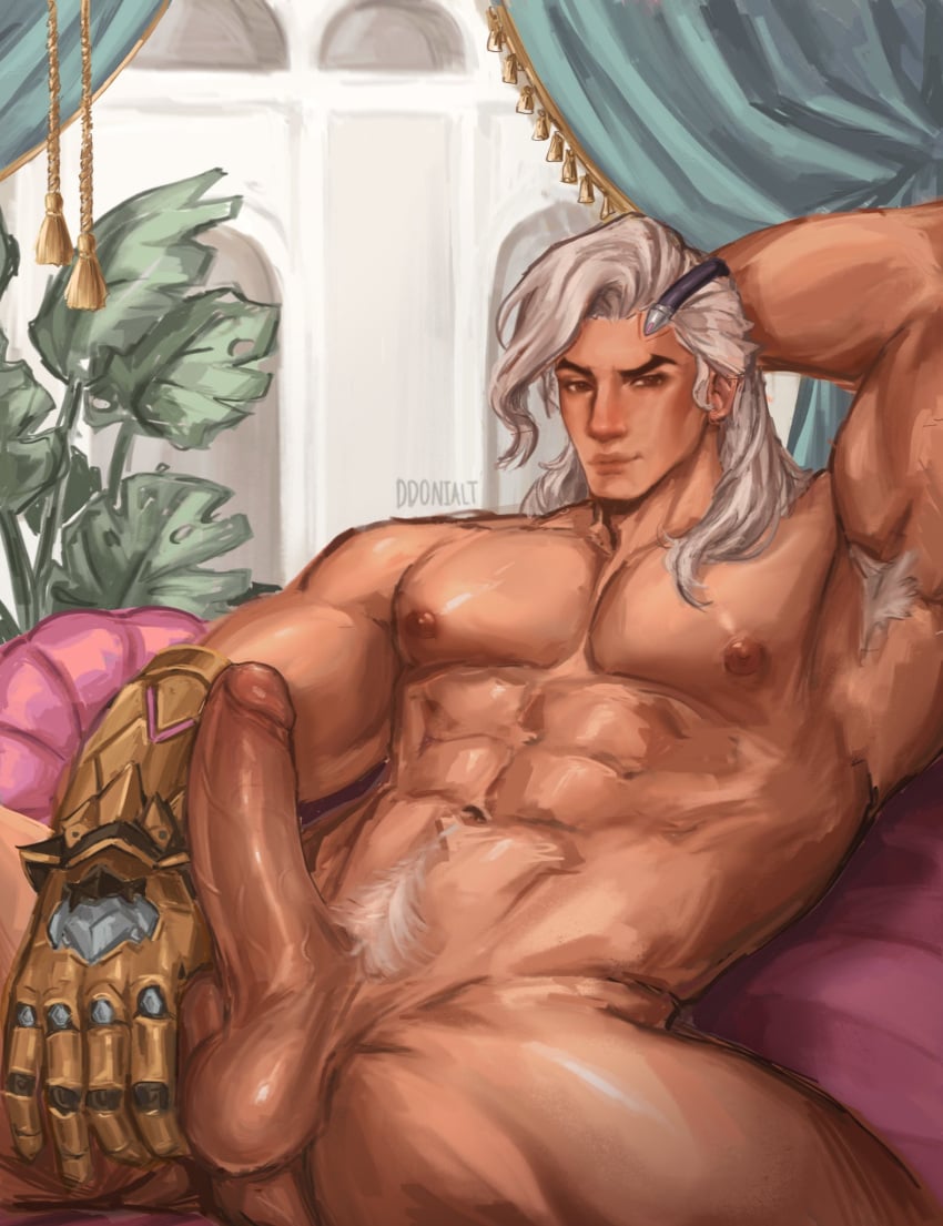 amputee arm_behind_head armpit_hair armpits arms_up bara big_penis ddonialt gay grabbing_own_thigh grabbing_thighs lifeweaver long_hair looking_at_viewer lounging male muscular muscular_male nipples overwatch overwatch_2 presenting presenting_penis prosthetic_arm solo solo_male tagme white_hair yaoi