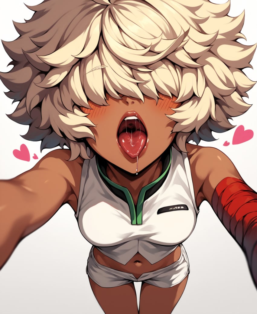 afro ai_generated french_kiss guilty_gear guilty_gear_strive hair_over_eyes imminent_kiss lips mayihavesomeslops open_mouth pov ramlethal_valentine