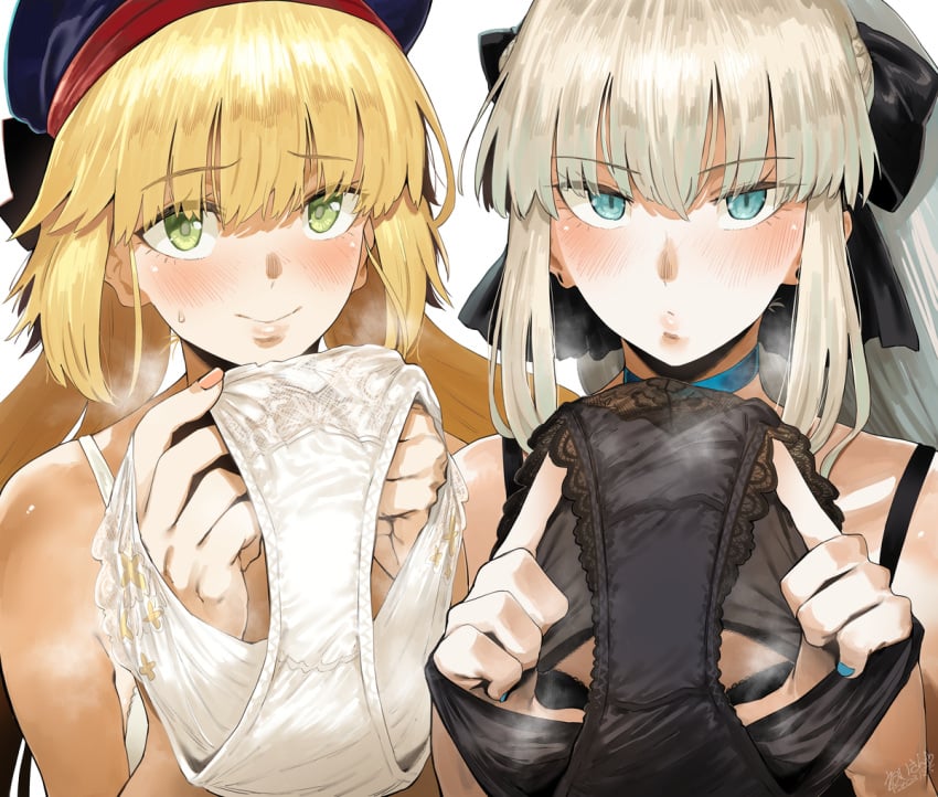 2girls artoria_caster_(fate) artoria_pendragon blonde_hair blue_eyes fate/grand_order green_eyes hero_neisan highres holding_panties morgan_le_fay_(fate) panties presenting_panties presenting_removed_panties smell smell_fetish smile smiling white_hair