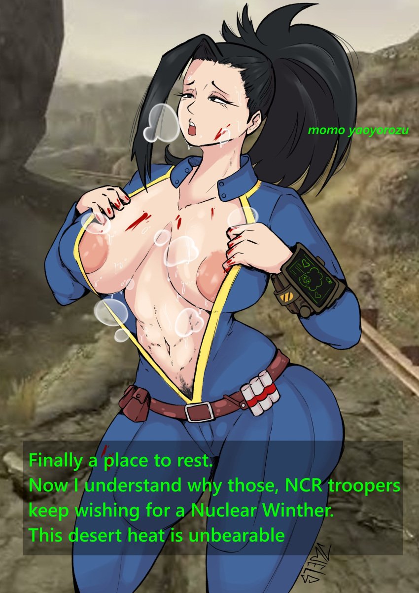 areola_slip areolae big_areola big_breasts big_tits blood crossover dark_hair english_text exposed_belly exposed_breasts fallout fallout_new_vegas fat_ass jumpsuit jwels light-skinned_female momo_yaoyorozu my_hero_academia ponytail pubic_hair pubic_hair_peek steam steaming_body sweat sweatdrop sweating text thick_thighs tight_clothing unzipped_bodysuit vault_suit video_game_background video_games wide_hips