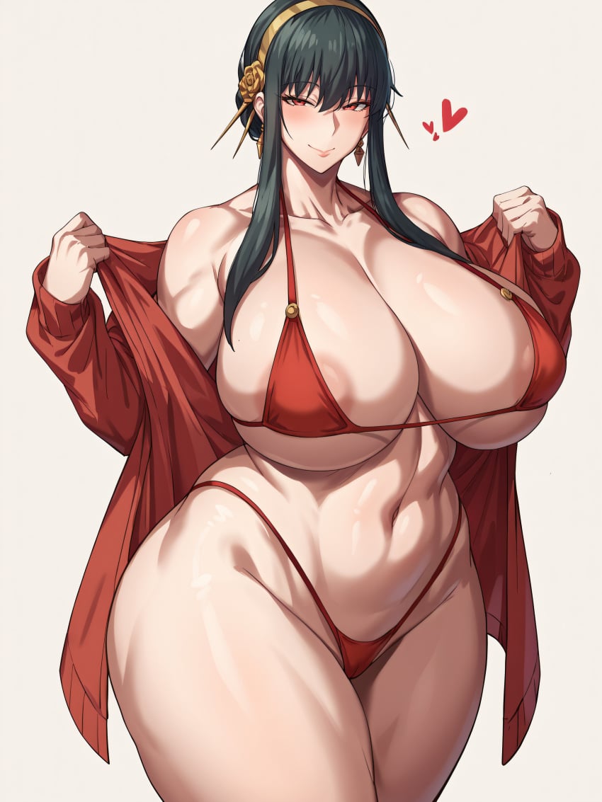 1girls ai_generated areola_slip bikini black_hair breasts female hi_res hips huge_breasts light-skinned_female light_skin long_hair micro_bikini oatmealdood red_eyes spy_x_family stable_diffusion thick_thighs thighs wide_hips yor_briar yor_forger