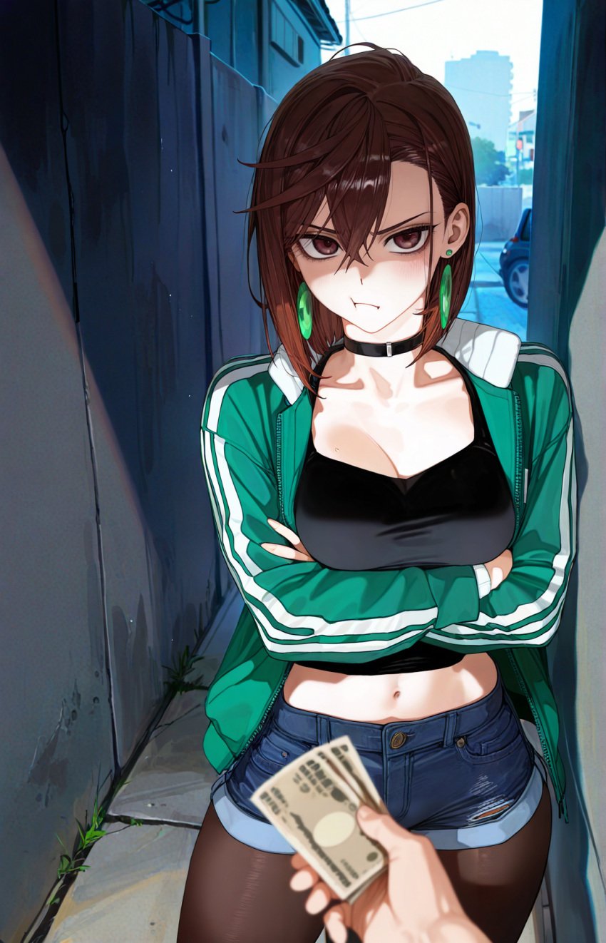 1girls ai_generated alley ayase_momo breasts brown_eyes brown_hair choker crossed_arms dandadan female light-skinned_female light_skin looking_at_viewer midriff money pout short_hair solo_focus tomboy