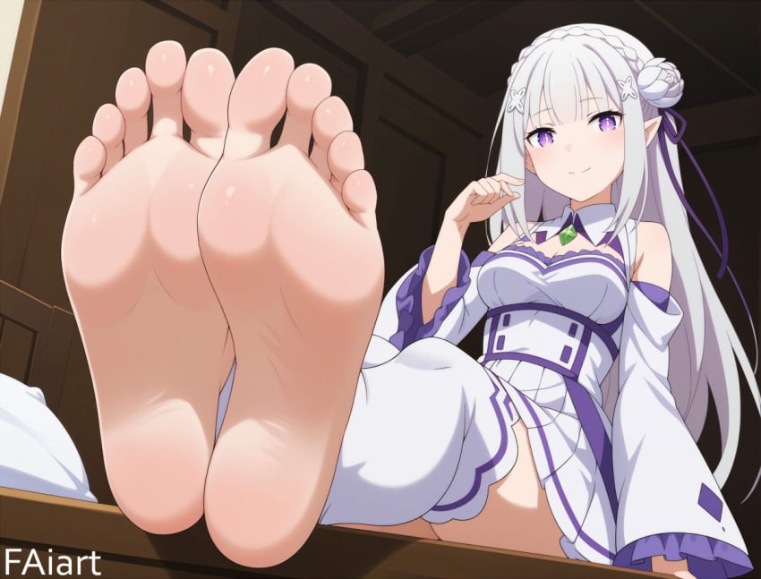 1girls ai_generated elf elf_ears elf_female emilia_(re:zero) faiart feet foot_fetish foot_focus looking_at_viewer purple_eyes re:zero_kara_hajimeru_isekai_seikatsu silver_hair sitting solo thighs