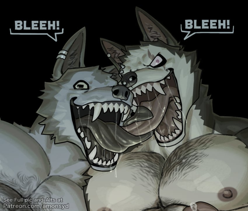 amon-sydonai anthro bodily_fluids canid canine canis creepypasta domestic_dog duo genital_fluids genitals harry_(amon-sydonai) husky male male/male mammal miles_(amon-sydonai) nordic_sled_dog penis precum sharp_teeth smile.dog spitz teeth