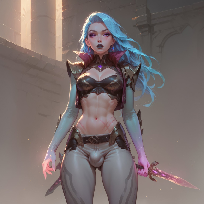 ai_generated athletic_futanari big_breasts blindparty blue_hair blurred_background civitai dickgirl futanari katarina league_of_legends penis purple_eyes solo