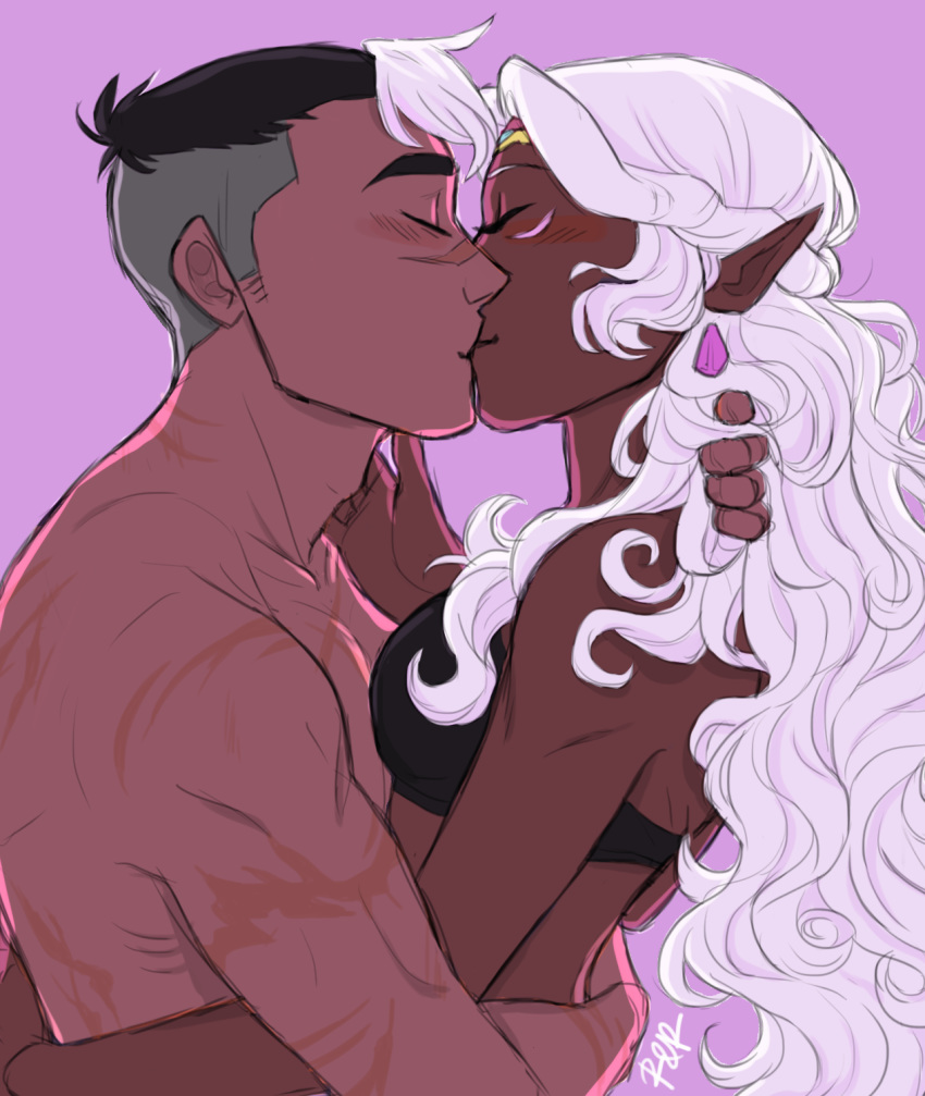 1boy 1girls altean bra dark-skinned_female dark_skin earrings gay_with_woman interracial interspecies kissing male pale-skinned_male pointy_ears princess_allura rolierose scars straight takashi_shirogane voltron voltron:_legendary_defender white_hair