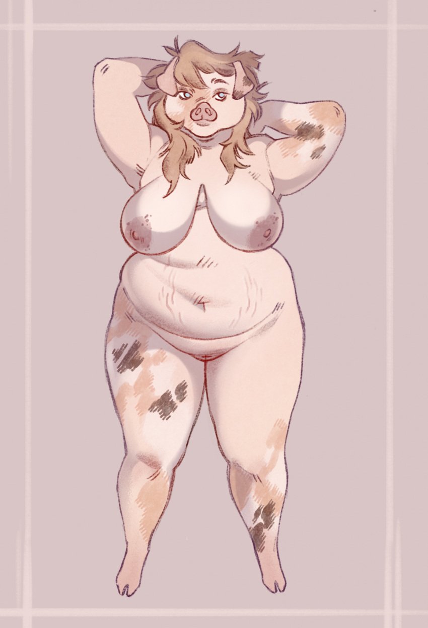 2023 anthro blue_eyes breasts brown_hair digital_media_(artwork) domestic_pig female genitals hair hand_behind_head hi_res hooves looking_aside mammal navel niochem nipples nude overweight overweight_female pussy simple_background solo suid suina sus_(pig)