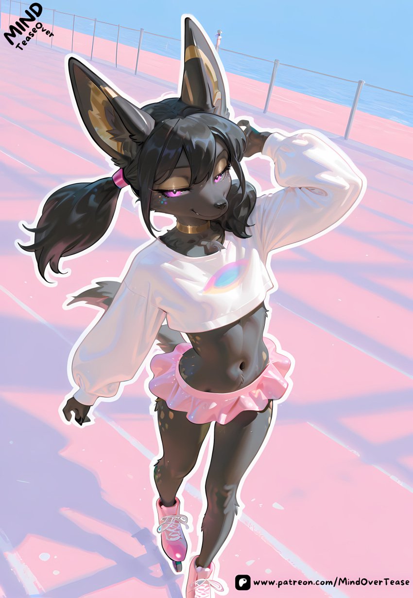 ai_generated black_fur colar egyptian femboy femboy_only feminine_male feminization flat_chest flat_chested furry glowing_eyes gold_earrings golden_freckles hand_on_head jackal microskirt mindovertease purple_eyes skinny skirt submissive_male sweatshirt