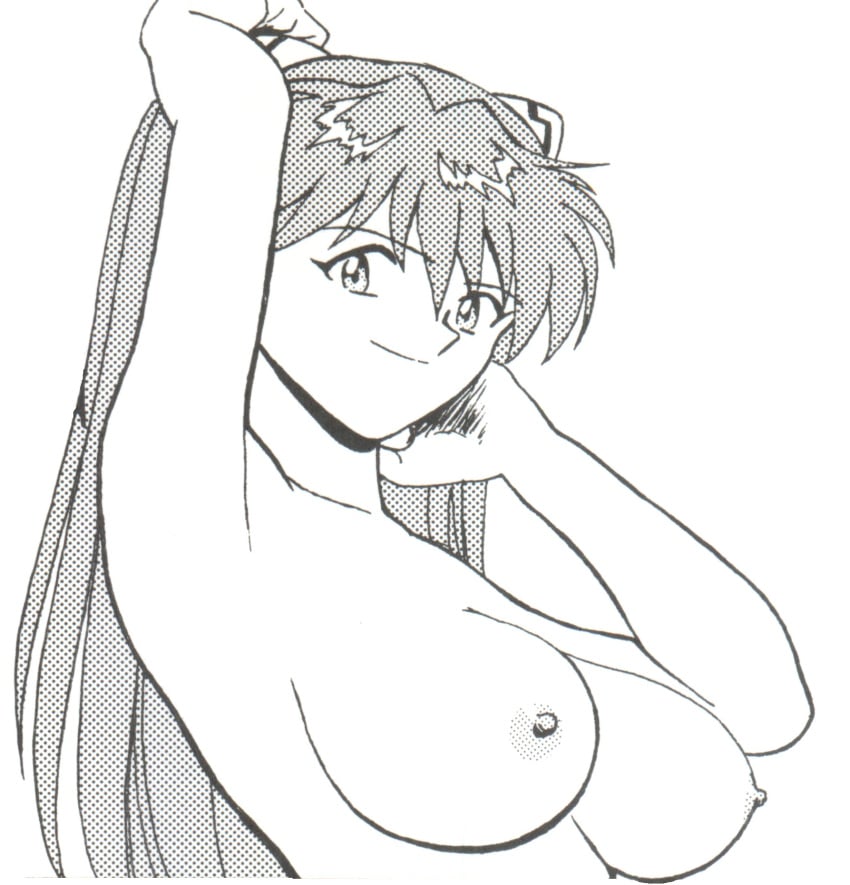 1990s 1girls armpits arms_behind_head asuka_langley_sohryu b_village big_breasts breasts busty confident female female_only highres large_breasts long_hair looking_at_viewer monochrome neon_genesis_evangelion nipples nude pose posing seductive_look seductive_smile sensual sexy_armpits smile solo traditional_media traditional_media_(artwork) twintails voluptuous