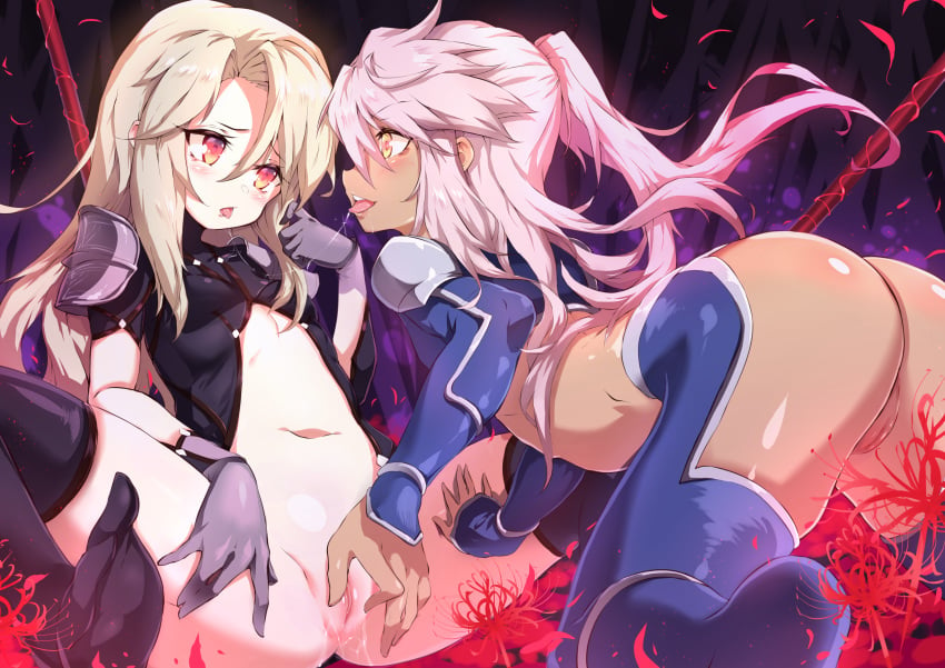 2girls absurdres ass bodysuit breasts chloe_von_einzbern cosplay covered_navel dark_skin eye_contact fate/kaleid_liner_prisma_illya fate_(series) female female_only fingering flower gae_bolg hair_between_eyes highres illyasviel_von_einzbern light_brown_hair long_hair looking_at_another midriff multiple_girls no_panties orange_eyes pauldrons petals pink_hair polearm ponytail pussy pussy_juice saliva saliva_trail shanyao_jiang_tororo small_breasts spear spider_lily tongue tongue_out torn_bodysuit torn_clothes uncensored weapon yellow_eyes yuri