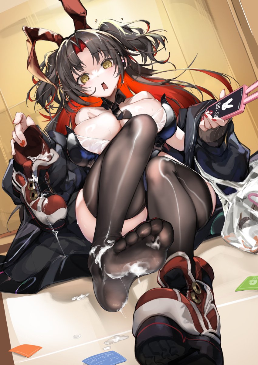 @_@ absurdres animal_ears azur_lane bare_shoulders black_hair black_jacket black_leotard black_necktie black_thighhighs breasts cellphone colored_inner_hair cum cum_in_footwear cum_on_body cum_on_feet fake_animal_ears female highres holding holding_phone holding_shoe huge_breasts in-ear_earphones jacket leotard multicolored_hair necktie official_alternate_costume open_mouth parted_bangs phone playboy_bunny red_hair red_nails shoes smartphone sneakers solo thighhighs two_side_up xun_li_eins yellow_eyes z52_(azur_lane) z52_(the_rapid_rabbit)_(azur_lane)