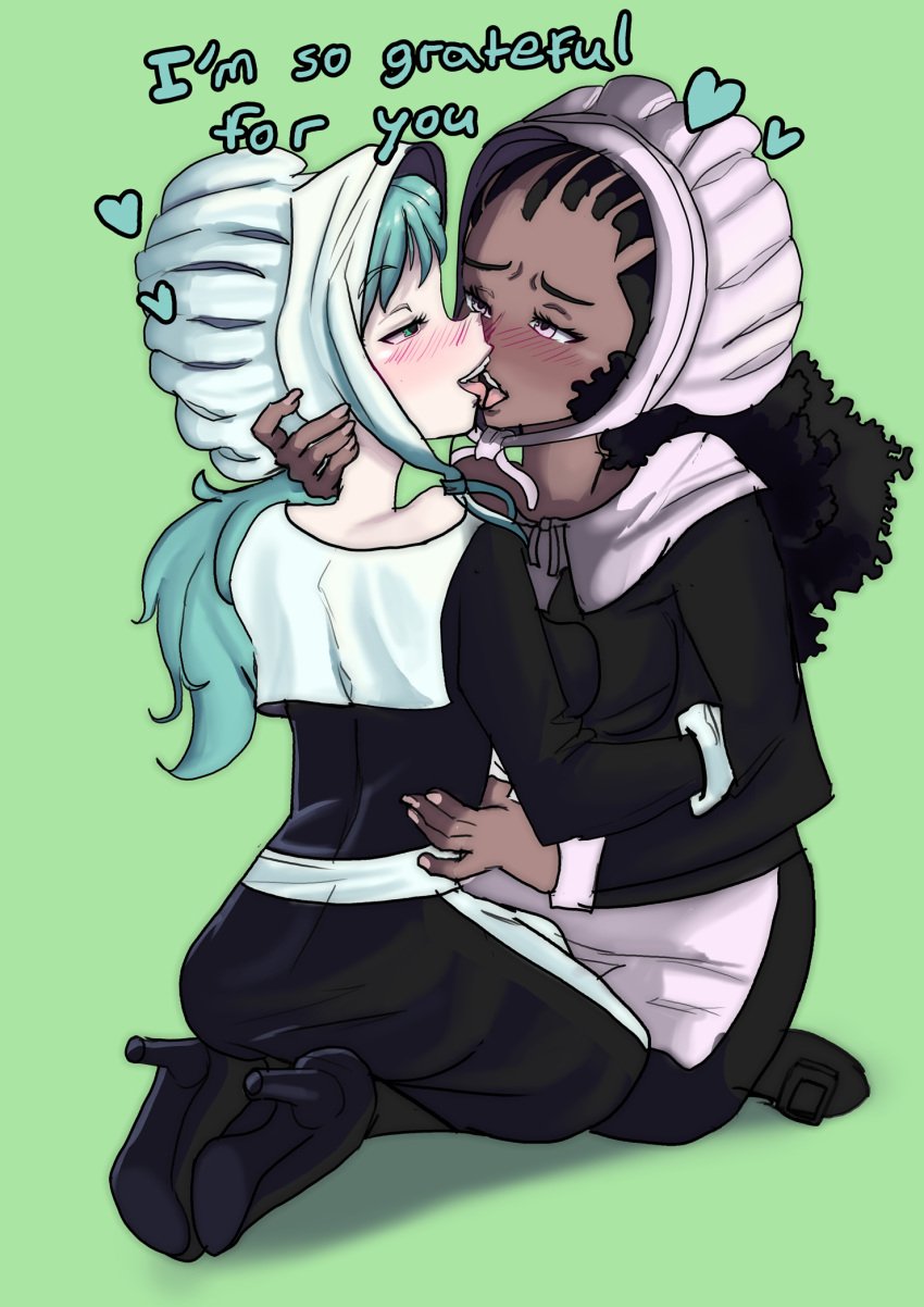 2024 2girls black_hair blush dark-skinned_female female green_background green_eyes green_hair heart_symbol kissing lmw-tan long_hair mr.sir_69 pilgrim_outfit pink_eyes rule_34-tan self_upload thanksgiving wholesome yuri