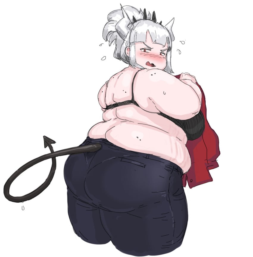 bra crown demon demon_girl demon_tail embarrassed fat_rolls female helltaker love_handles lucifer_(helltaker) obese obese_female pants stretch_marks stretchmarks sweatdrop tagme tagme_(artist) topless topless_female