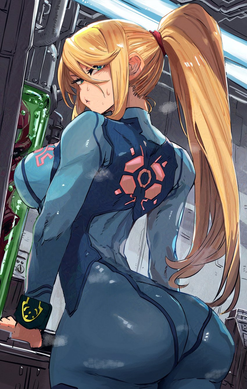 ass ass_focus back back_view big_breasts breasts dat_ass ishijimajirou looking_at_viewer looking_back metroid nintendo samus_aran steam steaming_body sweat