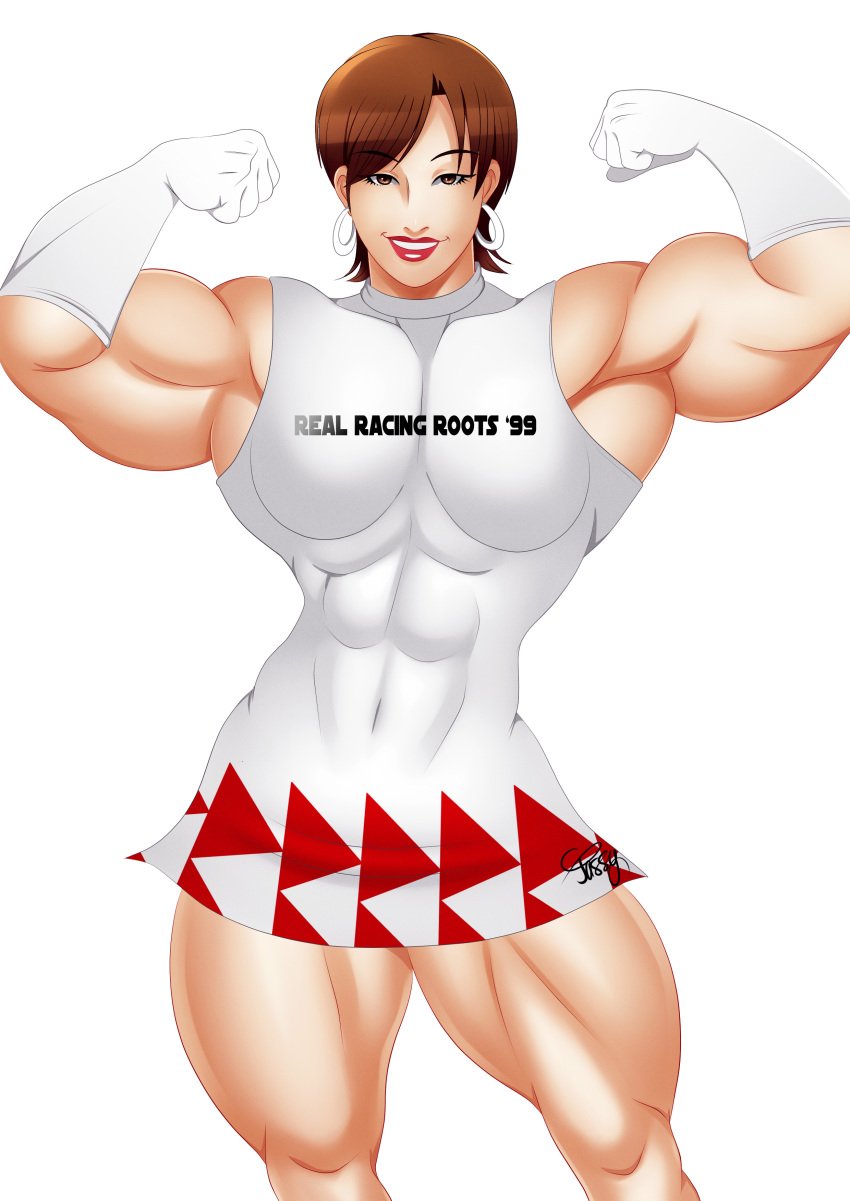 abs biceps big_muscles breasts brown_eyes brown_hair earrings female female_only flexing gloves jassycoco lipstick muscles muscular_female pose reiko_nagase ridge_racer smile