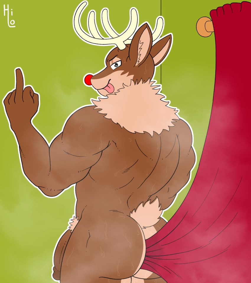 2024 anthro antlers artist_name ass big_penis brown_body brown_ears brown_fur brown_tail christmas curtains deer digital_media_(artwork) fur genitals gesture half-closed_eyes hand_gesture hi_res holidays horn inside itsme_hilo looking_at_viewer looking_back male mammal middle_finger muscular muscular_anthro muscular_male musk musk_clouds narrowed_eyes new_world_deer penis pubes rear_view red_nose reindeer rudolph_the_red-nosed_reindeer scut_tail short_tail solo standing tail thick_thighs three-quarter_view tongue tongue_out white_antlers