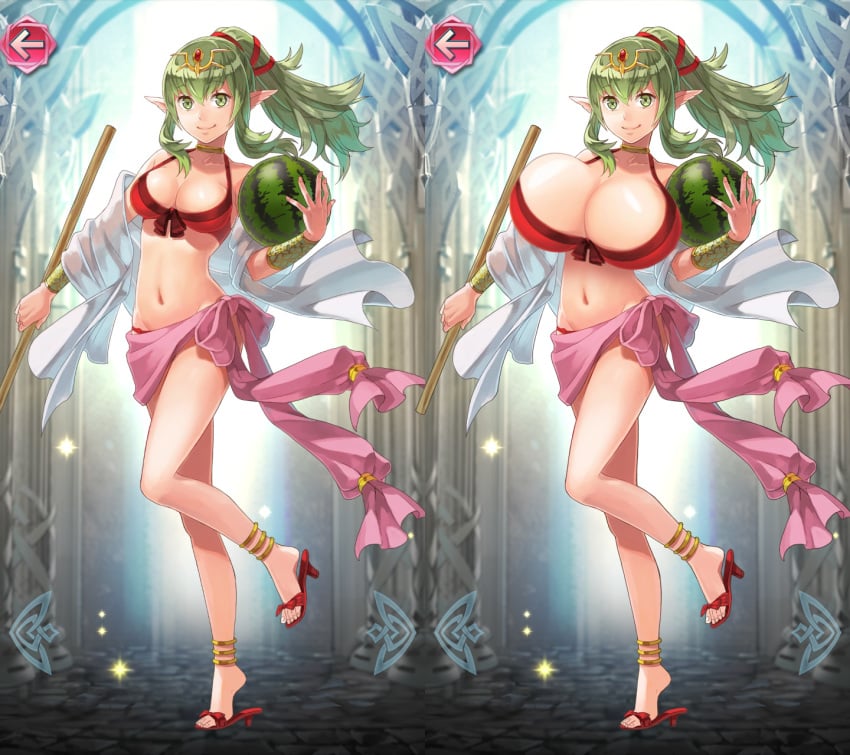 1girls breast_expansion breasts bursting_breasts edit edited_official_artwork female female_focus female_only fire_emblem fire_emblem_awakening fire_emblem_heroes green_hair huge_breasts large_breasts long_hair melon morphy-mcmorpherson official_art pointy_ears tiki_(adult)_(fire_emblem) tiki_(adult)_(summer)_(fire_emblem) tiki_(fire_emblem) watermelon