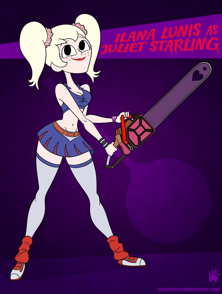 2012 bare_arms bare_midriff blonde_hair cartoon_network chainsaw cheerleader_costume cleavage cosplay double_ponytail english_text female freckles freckles_on_face hair_scrunchie holding_chainsaw holding_object juliet_starling_(cosplay) leg_warmers light-skinned_female lipstick lollipop_chainsaw long_hair navel ponytails princess_ilana purple_background raccoonfoot red_lipstick skirt smiling sneakers solo sweatband sym-bionic_titan thigh_high_stockings topwear voice_actor_connection watch