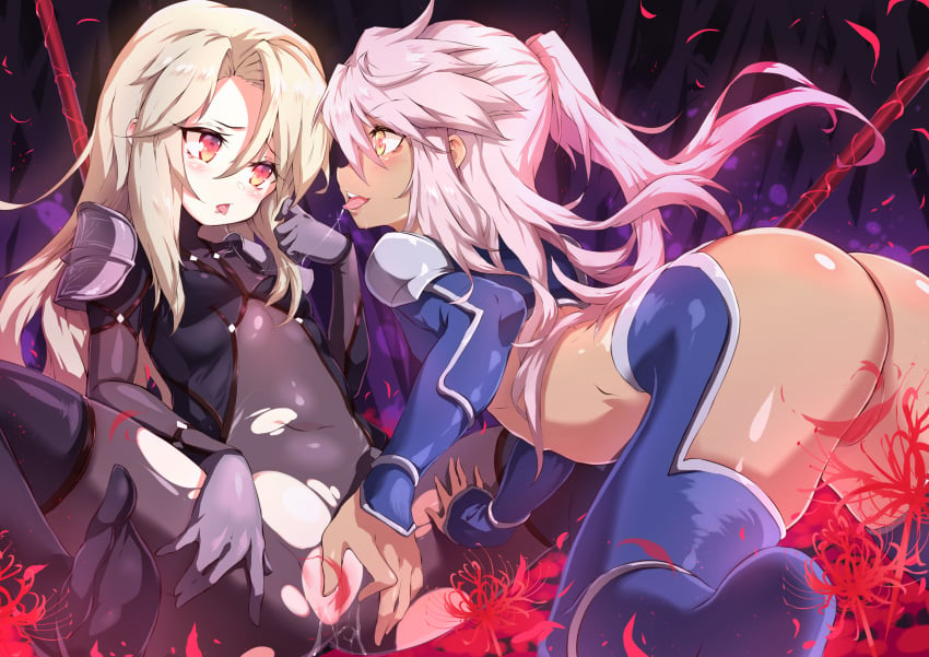 2girls absurdres ass bodysuit breasts chloe_von_einzbern cosplay covered_navel dark_skin eye_contact fate/kaleid_liner_prisma_illya fate_(series) female female_only fingering flower gae_bolg hair_between_eyes highres illyasviel_von_einzbern light_brown_hair long_hair looking_at_another midriff multiple_girls no_panties orange_eyes pauldrons petals pink_hair polearm ponytail pussy pussy_juice saliva saliva_trail shanyao_jiang_tororo small_breasts spear spider_lily tongue tongue_out torn_bodysuit weapon yellow_eyes yuri