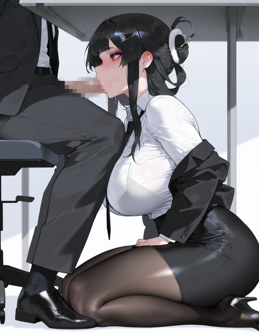 1boy 1girls black_hair blowjob breasts busty censored d_(killer_wife)_(nikke) d_(nikke) erection fellatio goddess_of_victory:_nikke huge_breasts office office_lady oral penis red_eyes stealth_fellatio stealth_oral under_the_table