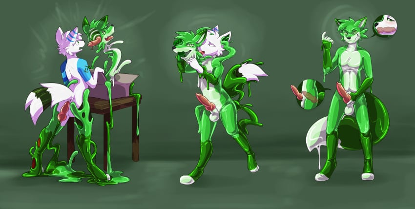 absurd_res animate_inanimate anthro canid canine canis captaincronus duo fox goo_creature hi_res kurodfox_(character) living_clothing male male/male mammal pakz slime tagme wolf