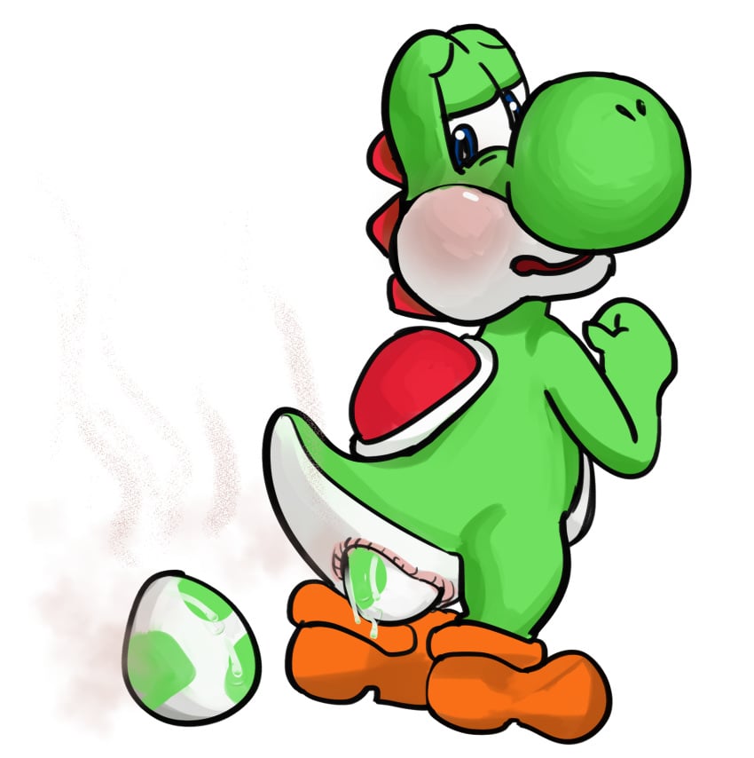 1boy alpha_channel anal anal_egg_laying anonymous_artist anthro anus belly blue_eyes blush clothing digital_media_(artwork) dinosaur egg egg_from_ass egg_laying embarrassed fists_clenched footwear footwear_only green_body green_yoshi hi_res male male_only mario_bros mostly_nude nintendo prehistoric_species raised_tail reptile scalie shoes shoes_only simple_background smelly solo stink_fumes stink_lines straining tail transparent_background white_belly yoshi