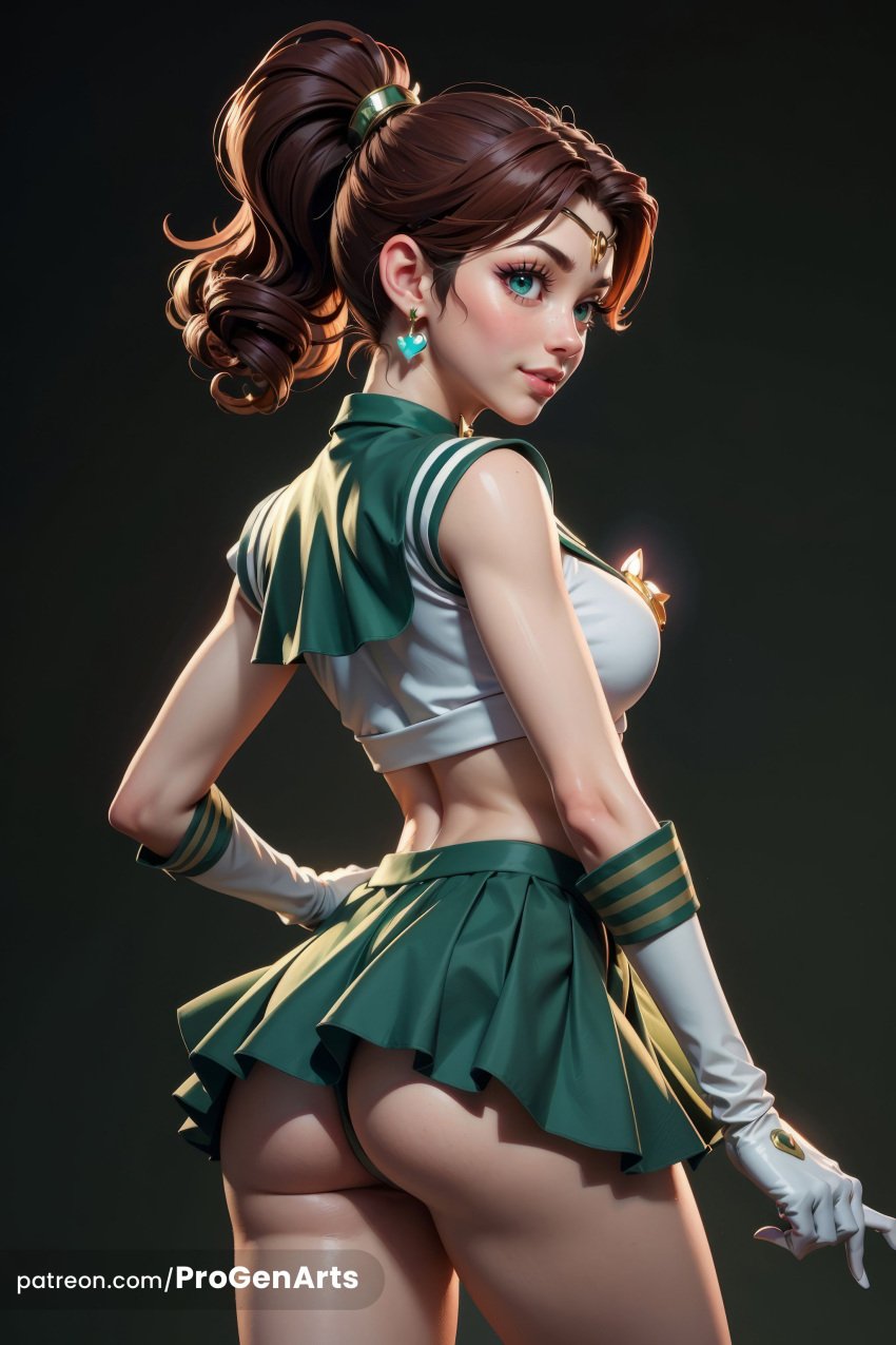 1girls ai_generated artist_name ass bishoujo_senshi_sailor_moon black_background breasts brown_hair circlet cowboy_shot crop_top earrings elbow_gloves from_behind gloves green_eyes green_sailor_collar green_skirt hair_ornament hand_on_own_hip hi_res jewelry lips long_hair looking_at_viewer looking_back magical_girl makoto_kino medium_breasts midriff miniskirt nose panties patreon_username pleated_skirt ponytail progenarts sailor_collar sailor_jupiter sailor_senshi_uniform shirt simple_background skirt solo standing tiara underwear web_address white_gloves white_shirt