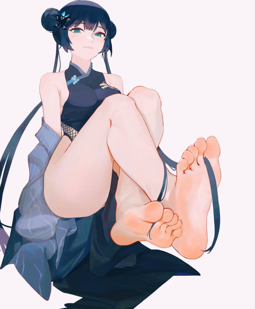 ass ass_visible_through_thighs barefoot black_hair blue_archive blue_eyes china_dress chinese_clothes double_bun dress feet female genryumon_(blue_archive) hair_bun highres kisaki_(blue_archive) long_hair looking_at_viewer misaki_(artist) shanhaijing_secondary_school_student soles toes