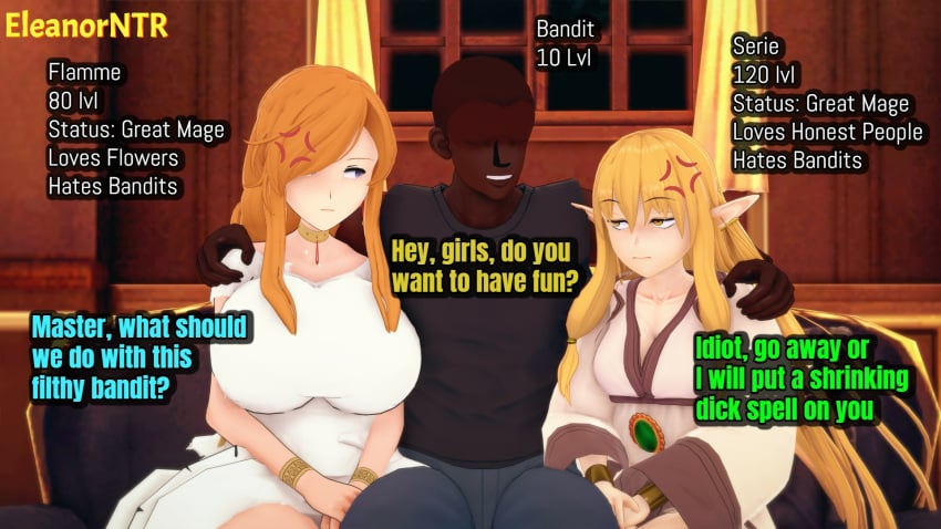 2girls 2girls1boy 3d 3d_(artwork) ? ahe_gao angry angry_face angry_symbol angry_vein ass bald bald_man bed bedding_background bedroom bedroom_setting bedroom_sex big_ass big_balls big_breasts big_butt big_nipples big_penis big_thighs black_guy black_male black_man breasts busty busty_female clothed clothed_female clothed_male corruption couch couch_sitting curvy curvy_ass curvy_figure dark-skinned_male dark_skin dat_ass dat_butt dialogue dominant_male eleanor_ntr elf english_text fat_ass feet female flamme flamme_(sousou_no_frieren) game_over gameplay_mechanics green_eyes hand_on_shoulder hand_on_shoulders hands_on_shoulder hands_on_shoulders huge_breasts hypnosis imminent_defeat interracial koikatsu large_ass level_difference light-skinned_female light_skin male milf mind_break mind_control naked naked_female penetration serie_(sousou_no_frieren) sitting_on_couch small_breasts smile sousou_no_frieren speech_bubble straight tagme text