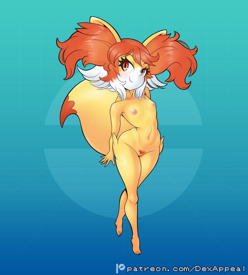 anthro areola breasts canid canine dex_appeal female fennekin fox fur generation_6_pokemon genitals hair hi_res high-angle_view humanoid looking_at_viewer mammal navel nintendo nipples nude orange_body orange_eyes orange_fur orange_hair pokemon pokemon_(species) pokemorph pubes pussy simple_background slim small_breasts smile solo tail white_body white_fur yellow_body yellow_fur