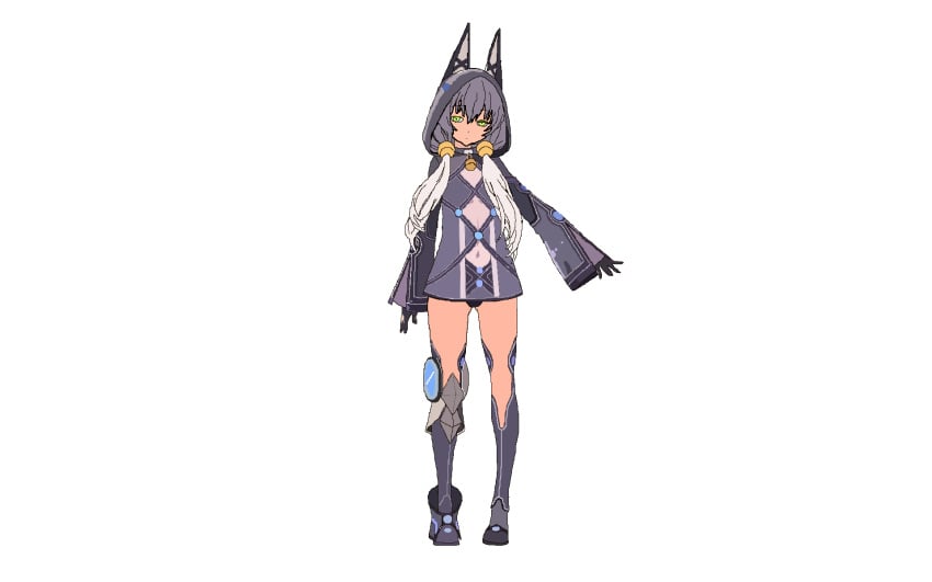 altina_orion black_legwear boots eiyuu_densetsu enami_katsumi expressionless female flat_chest full_body gloves green_eyes grey_hair hair_ornament hood jacket long_hair sen_no_kiseki sen_no_kiseki_2 solo standing the_legend_of_heroes thigh_boots thighhighs trails_of_cold_steel_ii white_background