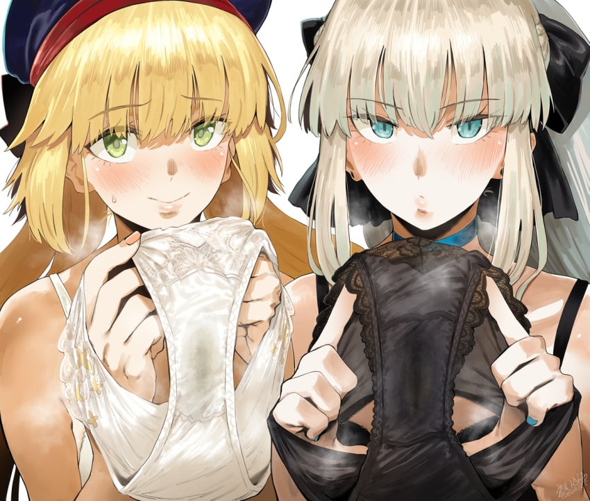 2girls artoria_caster_(fate) blonde_hair blue_eyes fate/grand_order green_eyes hero_neisan highres holding_panties morgan_le_fay_(fate) panties presenting_panties smell smell_fetish smile stained_panties white_hair