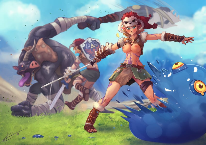 1boy 1girls accidental_exposure armor barbarian blonde_hair blurry_background blush body_paint breasts breasts_out breath_of_the_wild crop_top eltonel embarrassed fighting full_body green_eyes link link_(breath_of_the_wild) medium_breasts midriff moblin monster nintendo nipples pelvic_curtain pointy_ears princess_zelda shield short_hair solo_focus sword tears the_legend_of_zelda toned toned_female wardrobe_malfunction weapon zelda_(breath_of_the_wild)