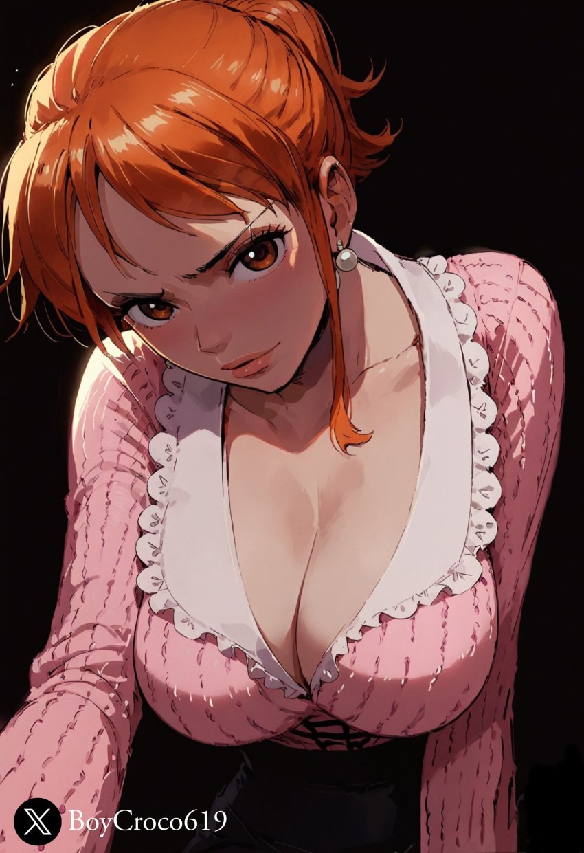 ai_generated big_breasts boycroco619 female female_only ginger looking_at_viewer nami nami_(one_piece) one_piece orange_hair pre-timeskip slim_waist tattoo thriller_bark