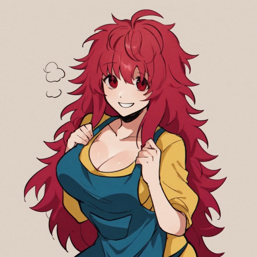 1girls ai_generated apron blue_apron cleavage cute highres innocent large_breasts long_hair looking_at_viewer nao_egokoro osmondai red_eyes red_hair simple_background smile stable_diffusion yellow_shirt your_turn_to_die yttd