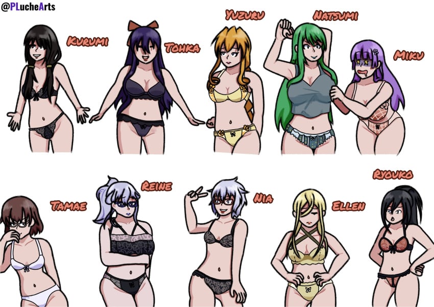 10girls big_breasts black_hair blonde_hair bra brown_hair date_a_live ellen_mira_mathers female_only flat_chest girls girls_only glasses gray_hair green_hair honjou_nia indigo_hair izayoi_miku kusakabe_ryouko kyouno_natsumi large_breasts large_hair light-skinned_female light_skin line_up lingerie lingerie_only multiple_girls murasame_reine okamine_tamae orange_hair panties pluchearts purple_hair short_hair silver_hair taller_girl tokisaki_kurumi underwear yamai_yuzuru yatogami_tohka