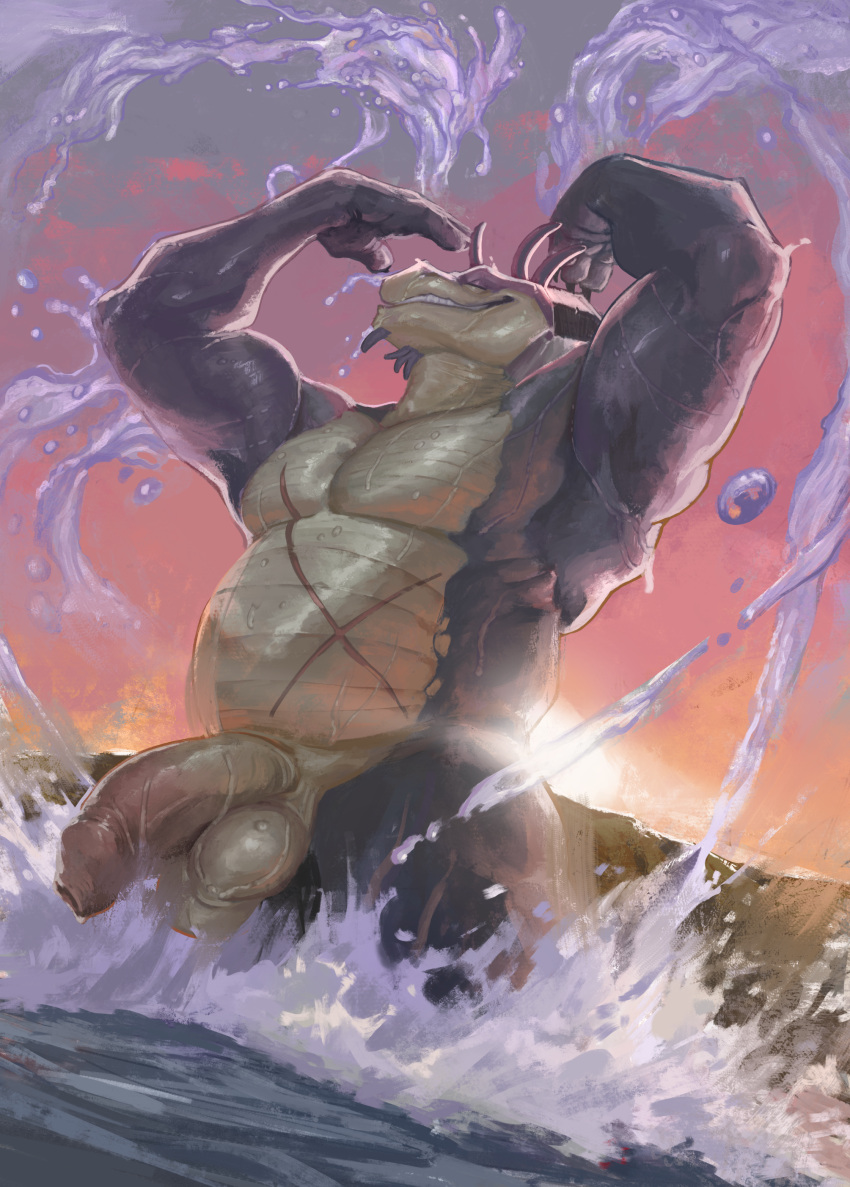 1boy absurd_res anthro anthro_only balls big_balls big_penis cock countershade_torso countershading dick eyes_closed eyrich fingers foreskin furry furry_only genitals happy hi_res humanoid_genitalia humanoid_penis male michael_huntix ocean partially_submerged penis scalie scar smiling solo uncircumcised water